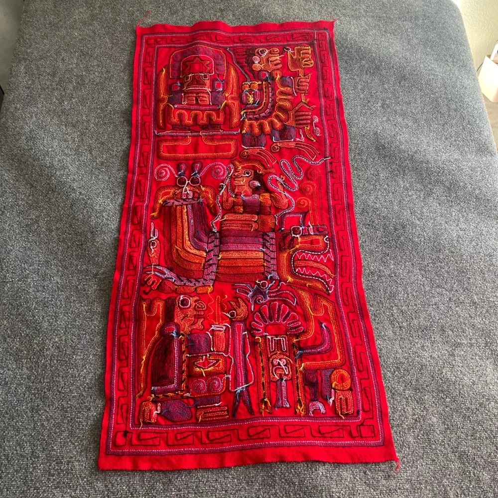 Vintage Peruvian Hand Embroidered Textile Wall Hanging Incan Mythological Art